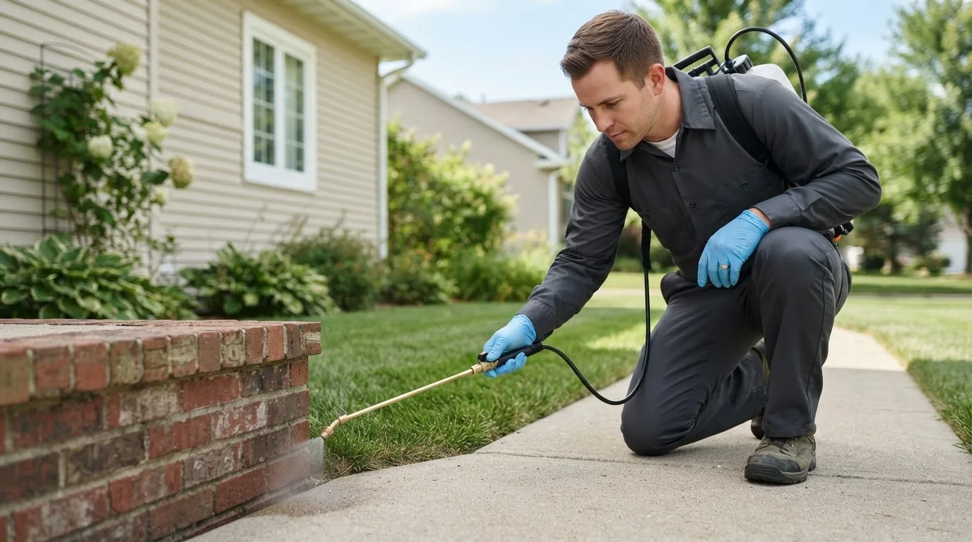 Pest control technician treating a home near West Stockholm, NY