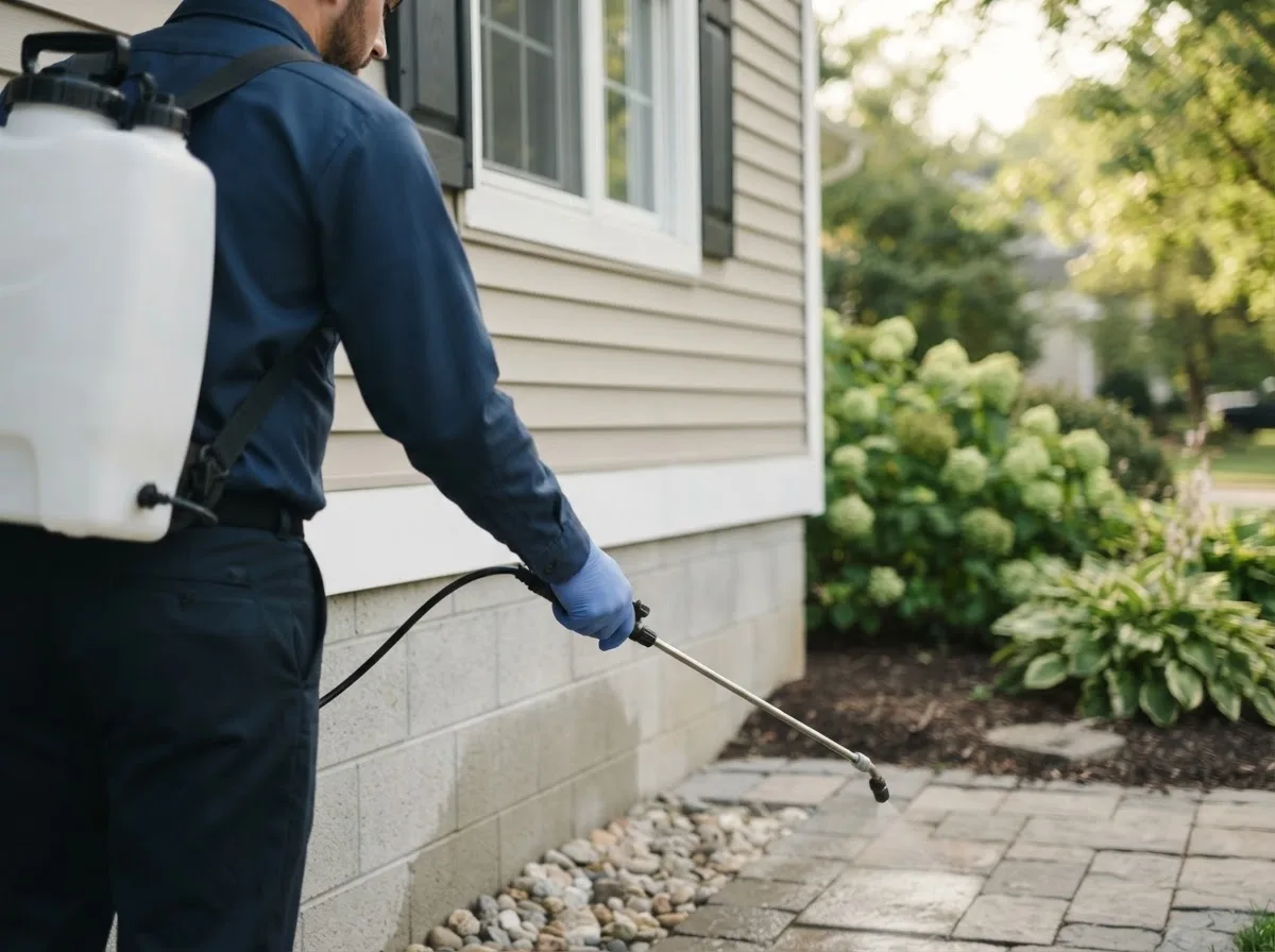 Pest control technician inspecting a home in West Stockholm, NY